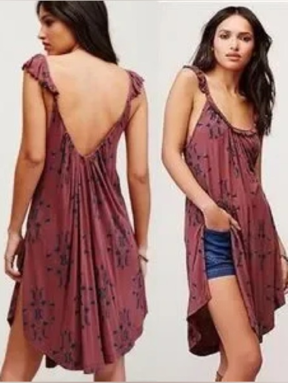 Women’s Free People Drifter Tunic Tank Mauve Floral Scoop-Back